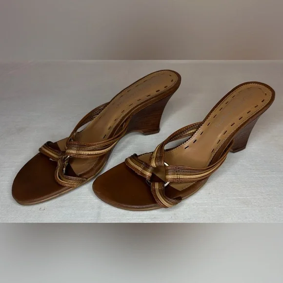 Hillard & Hanson Vintage Y2K Brown Wedge Sandal Leather Upper Made In Brazil 7.5 - Picture 1 of 9
